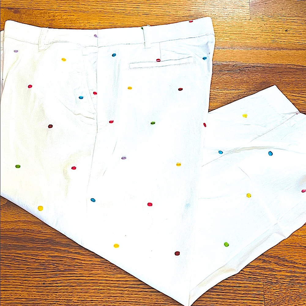 NWOTCRISPWhite&MultiColorStitchingDots.FrontZipper&2LargeSidePockets+2onBackS:12